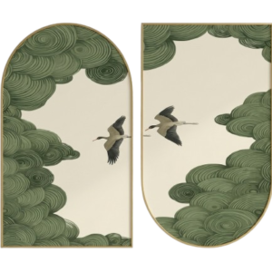 Japanese Cranes Green Clouds Wall Art
