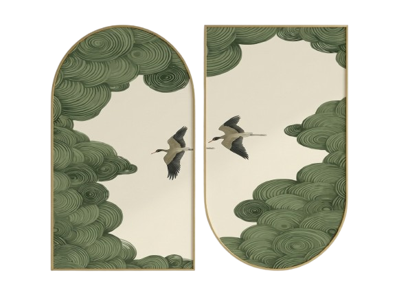 Japanese Cranes Green Clouds Wall Art