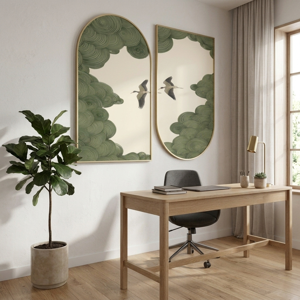 Japanese Cranes Green Clouds Wall Art - Image 3