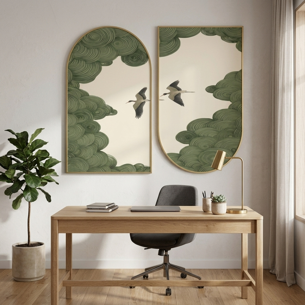 Japanese Cranes Green Clouds Wall Art - Image 2